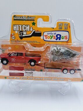 Toys R Us Greenlight Collectable 2017 Ram 2500 & Flatbed Trailer & Holiday Tree